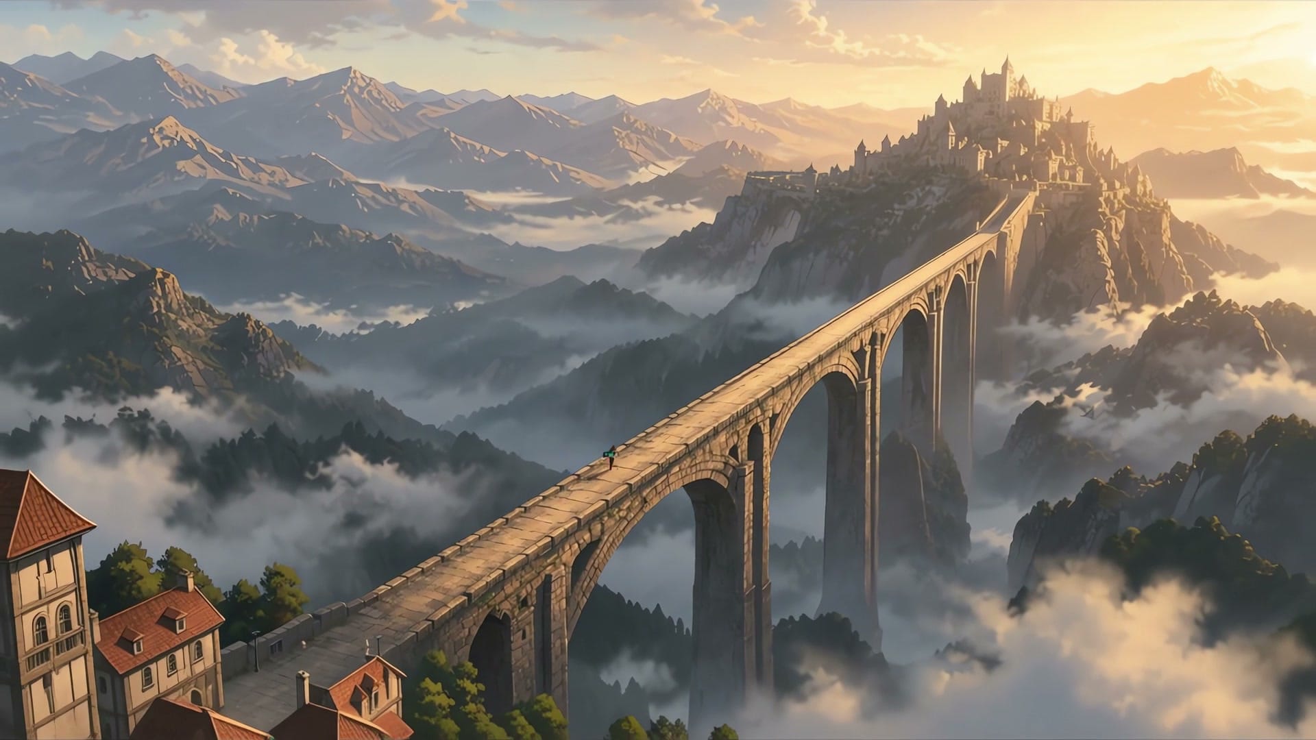 朝日に照らされた城と石橋。冒険者が駆けるアニメーションの一場面