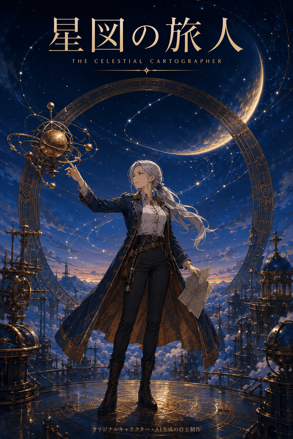 星空と金の軌道に包まれたオリジナルキャラクターのキービジュアル
