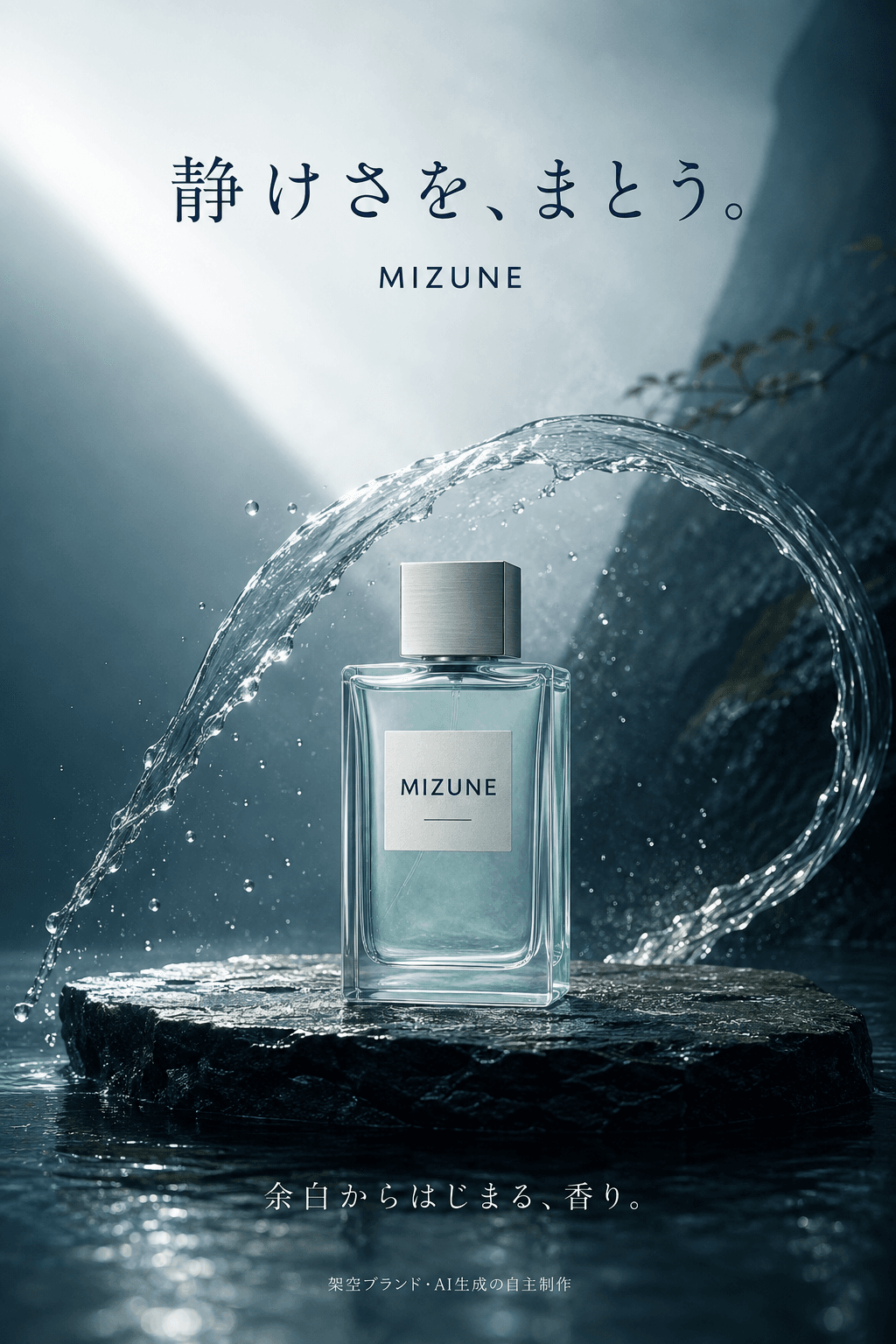 架空の香水ブランドMIZUNEの広告ビジュアル。水しぶきとガラスのボトル